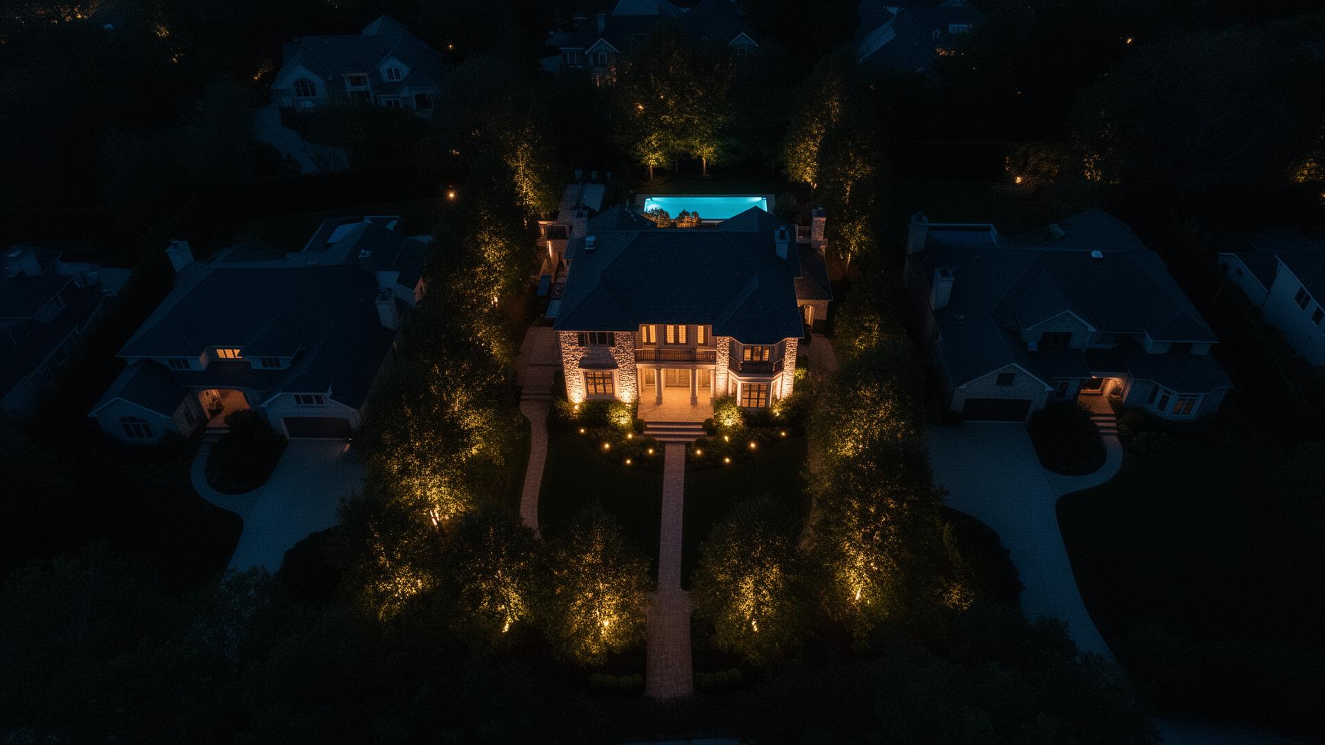 Aerial view of a professionally lit property standing out among dark neighboring homes at night