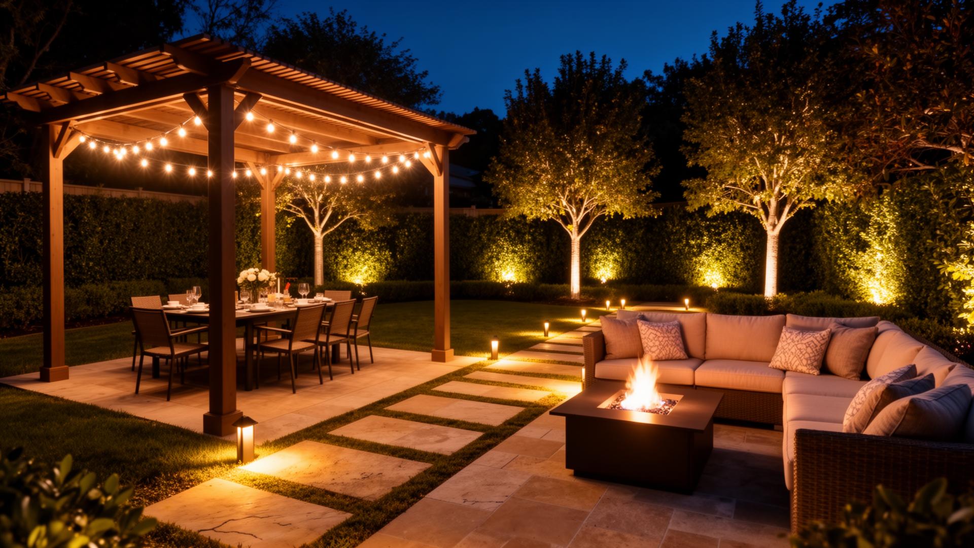 Outdoor living space with warm ambient lighting on pergola and seating area at night