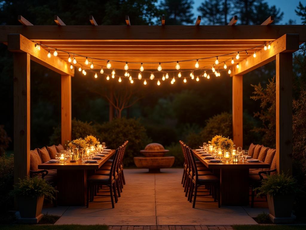 Professional outdoor string lighting installation creating a festive warm atmosphere