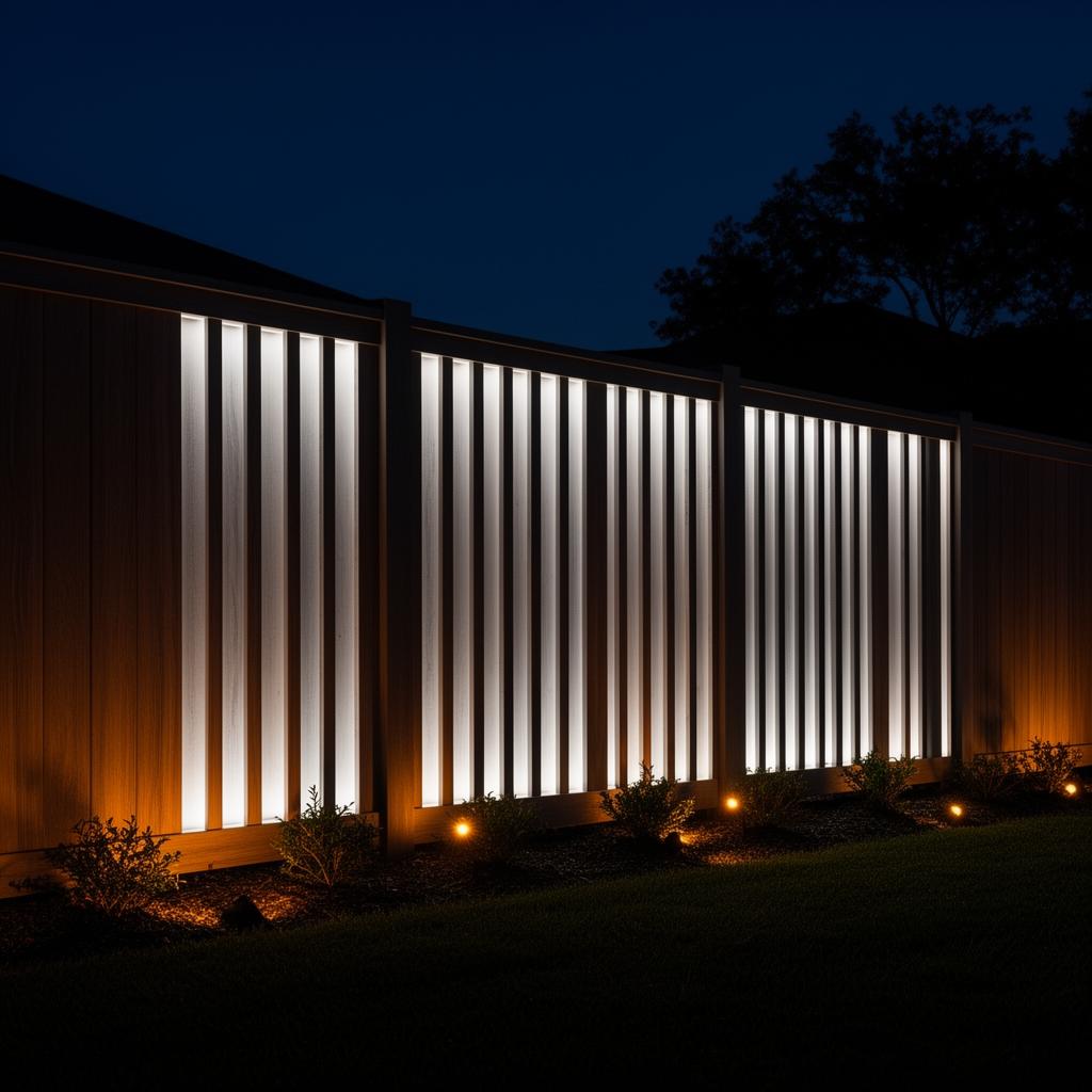 Modern wood fence with warm LED glow strips between slats creating a perimeter lighting effect