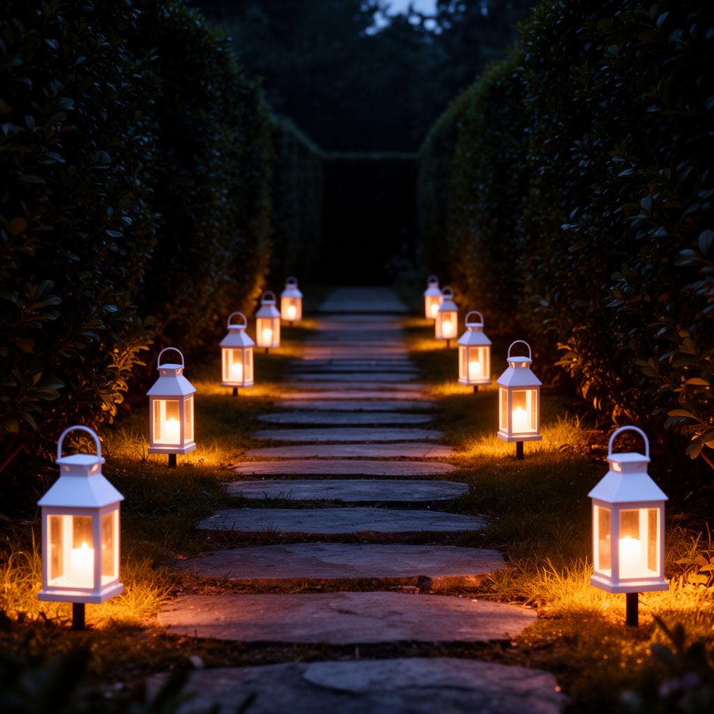 Well-maintained garden pathway with warm lighting fixtures in perfect working condition