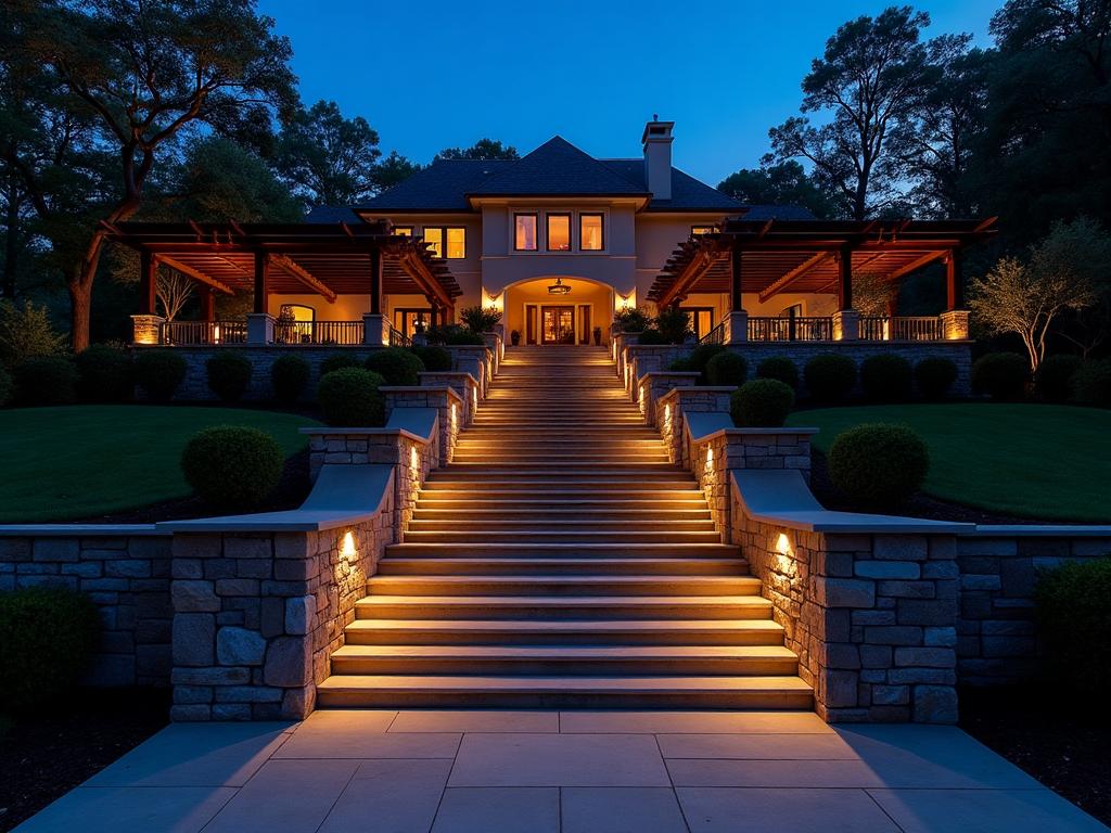 Grand stone staircase with recessed warm LED step lights at a luxury property