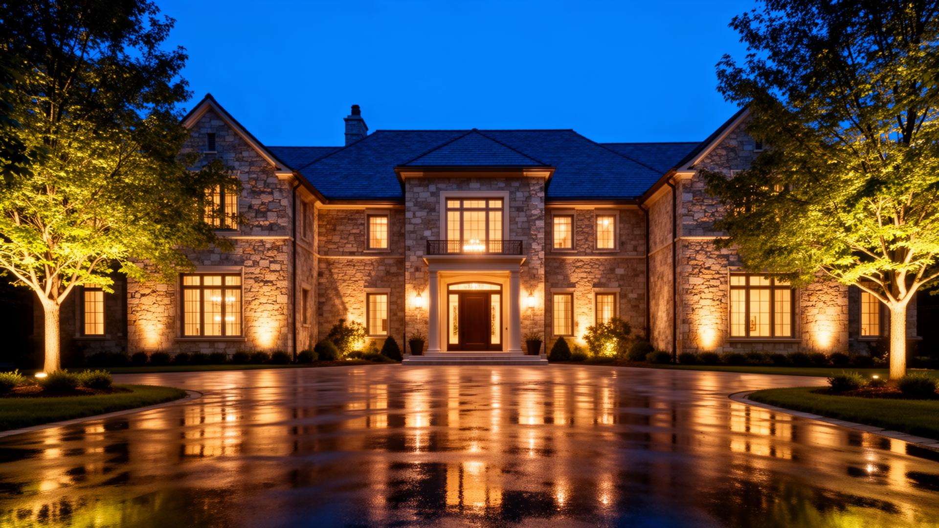 Stone mansion with professional warm facade lighting illuminating architectural details at night