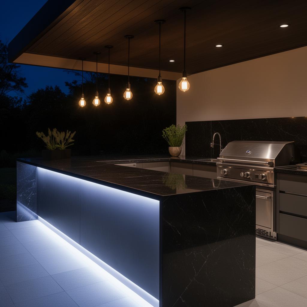 Outdoor kitchen with precision task and ambient lighting for cooking and entertaining
