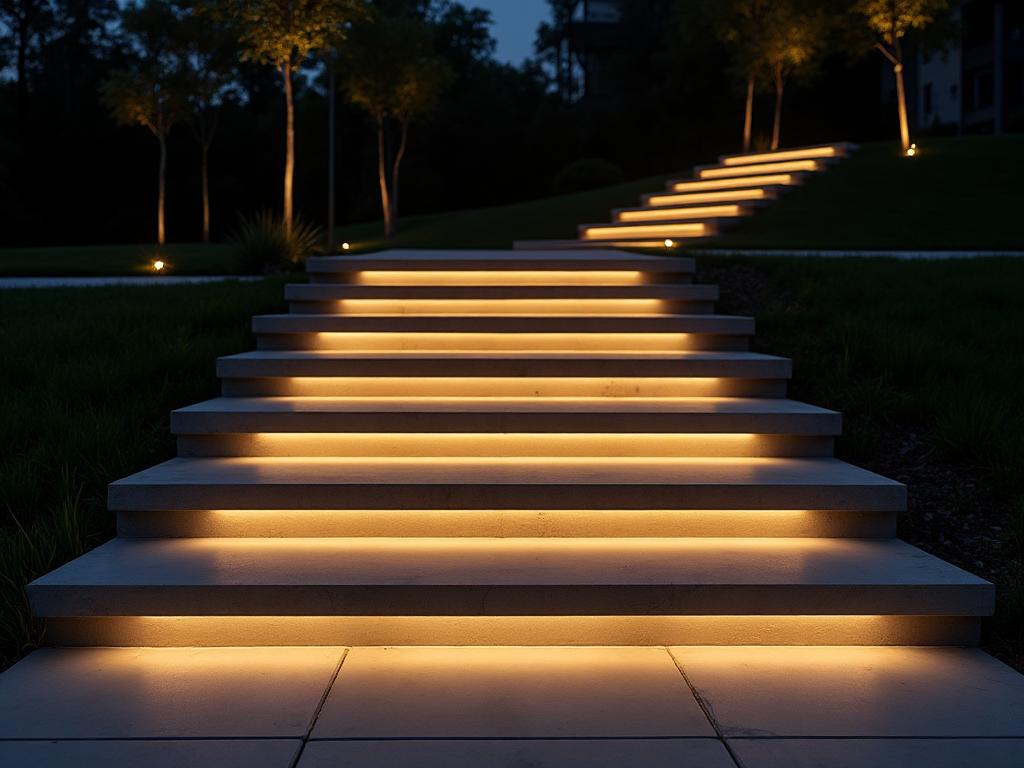 Warm pathway lights lining a walkway leading to a luxury home at night