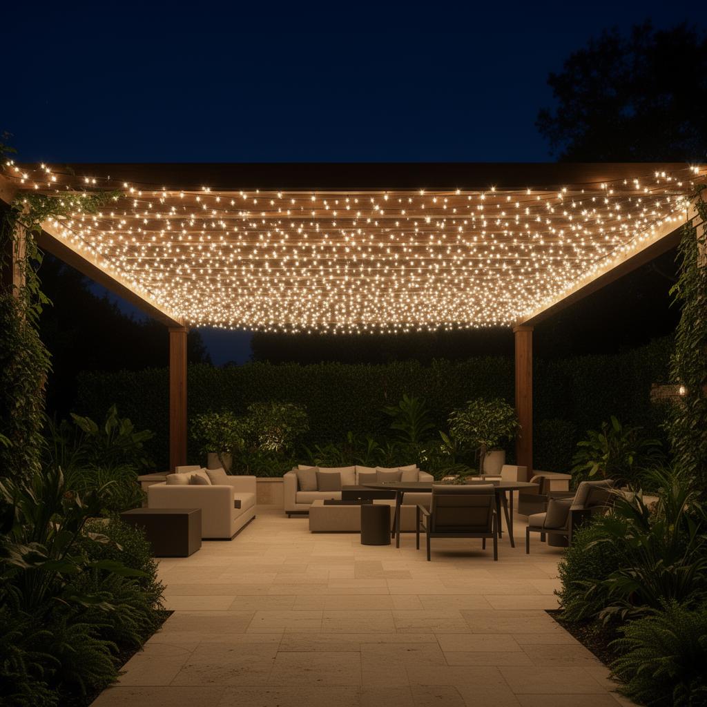 Warm bistro string lights strung across a pergola over an outdoor dining area at night
