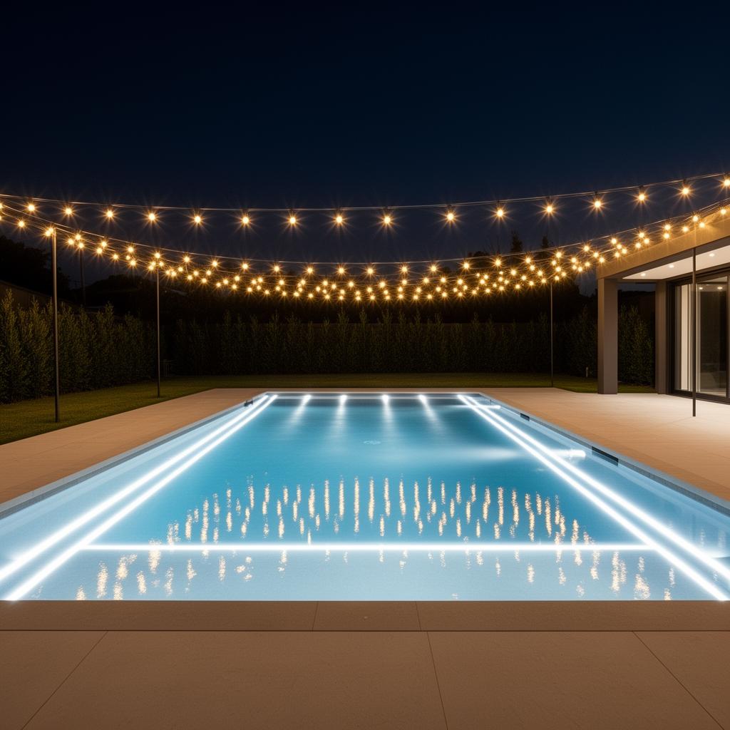 Swimming pool glowing with warm lighting and string lights overhead at night