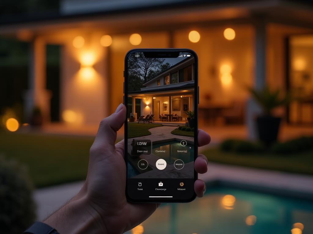 Smartphone displaying smart outdoor lighting controls with lit backyard in background