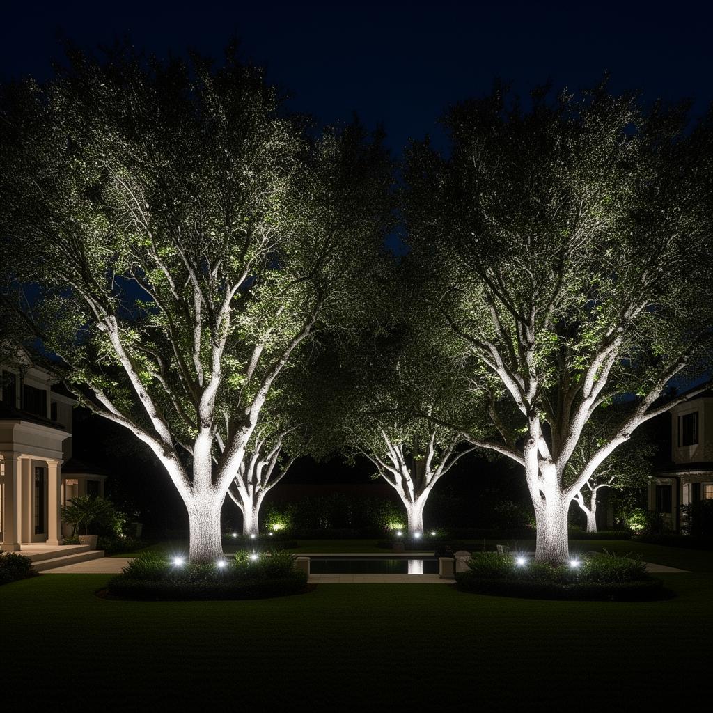 Dramatic tree uplighting casting warm golden light upward through branches at night