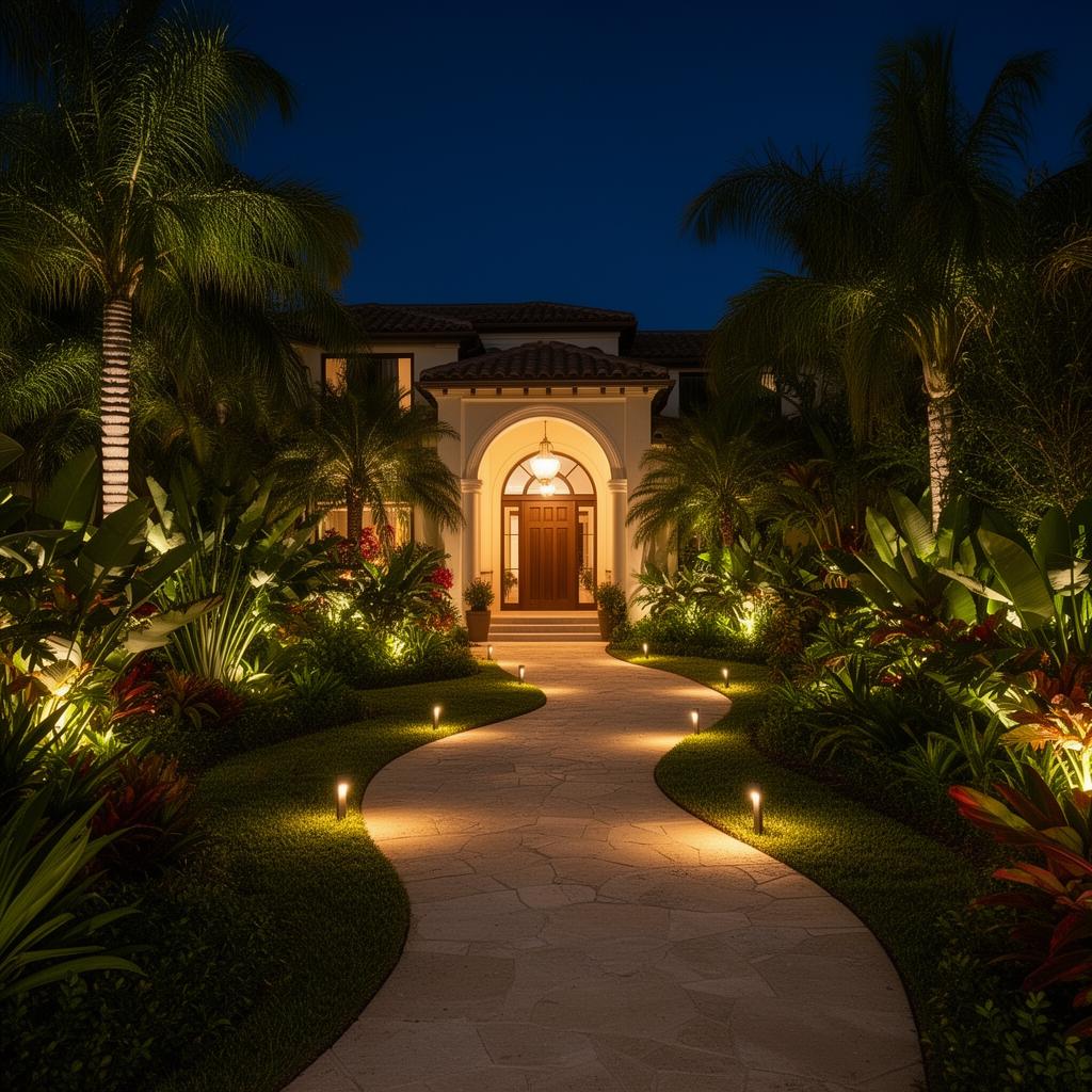 Tropical-style entrance pathway with warm lighting guiding visitors to the front door